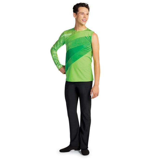 custom green one long sleeve one sleeveless color guard tunic with black pants front view on model