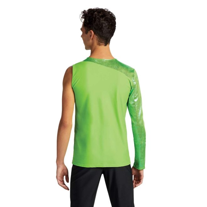 custom green one long sleeve one sleeveless color guard tunic with black pants back view on model