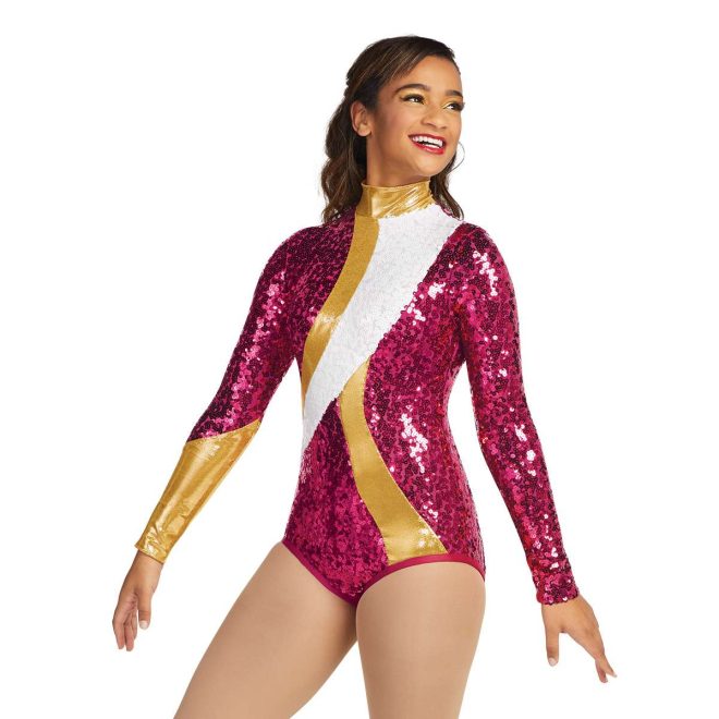 custom maroon, gold and white sparkly long sleeve majorette bodysuit uniform front view on model