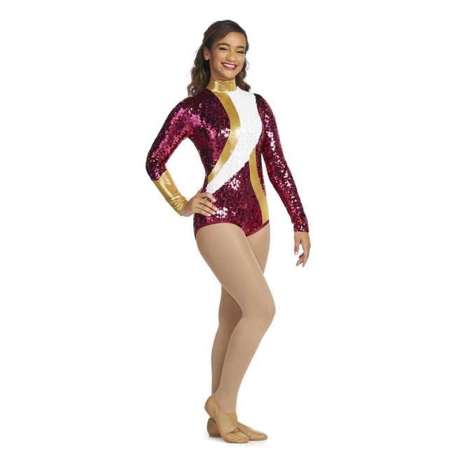 custom maroon, gold and white sparkly long sleeve majorette bodysuit uniform front view on model