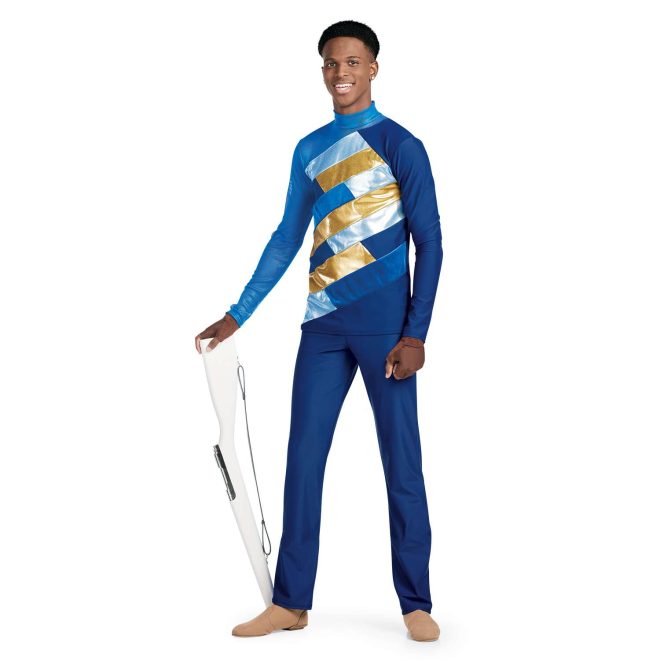 custom blues and gold long sleeve color guard uniform with matching blue pants front view on model with rifle