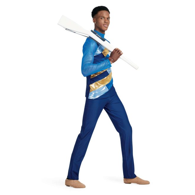 custom blues and gold long sleeve color guard uniform with matching blue pants front view on model with rifle