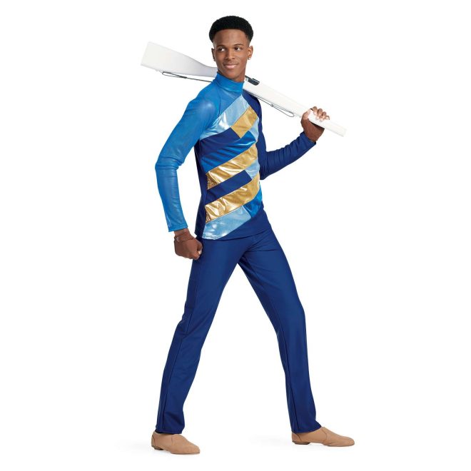 custom blues and gold long sleeve color guard uniform with matching blue pants front view on model with rifle