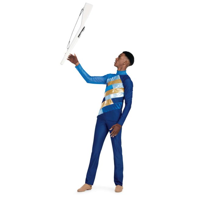 custom blues and gold long sleeve color guard uniform with matching blue pants front view on model with rifle