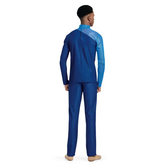 custom blues long sleeve color guard uniform with matching blue pants back view on model