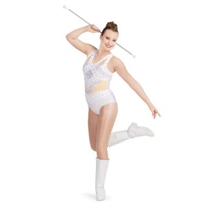 custom sleeveless white majorette bodysuit with rhinestones and silver micro sequin with cutouts in straps front view on model wearing white boots holding baton