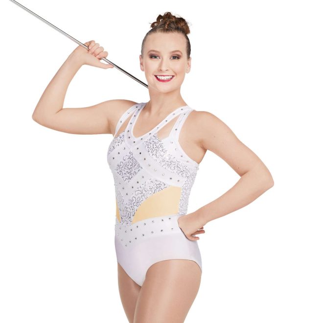 custom sleeveless white majorette bodysuit with rhinestones and silver micro sequin with cutouts in straps front view on model holding baton