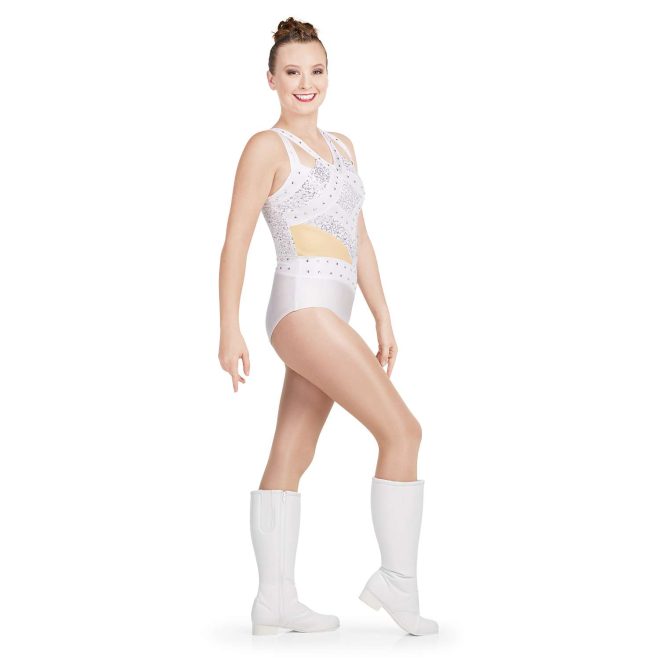 custom sleeveless white majorette bodysuit with rhinestones and silver micro sequin with cutouts in straps front view on model wearing white boots