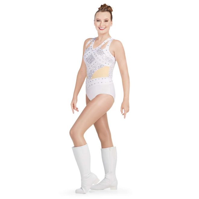 custom sleeveless white majorette bodysuit with rhinestones and silver micro sequin with cutouts in straps front view on model wearing white boots