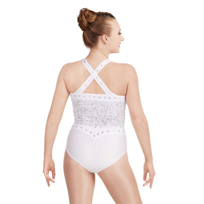 custom sleeveless white majorette bodysuit with rhinestones and silver micro sequin. Straps cross in back. Back view on model
