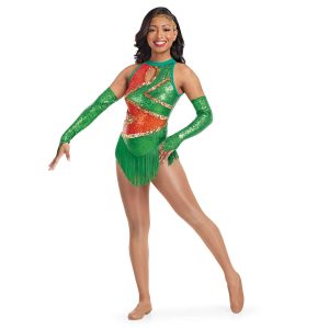 custom green, orange, and gold sparkly sleeveless majorette bodysuit with keyhole bodice and green fringe front view on model also wearing green sparkly gauntlets and gold headband