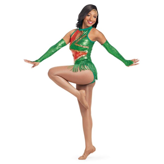 custom green, orange, and gold sparkly sleeveless majorette bodysuit with keyhole bodice and green fringe front view on model also wearing green sparkly gauntlets and gold headband