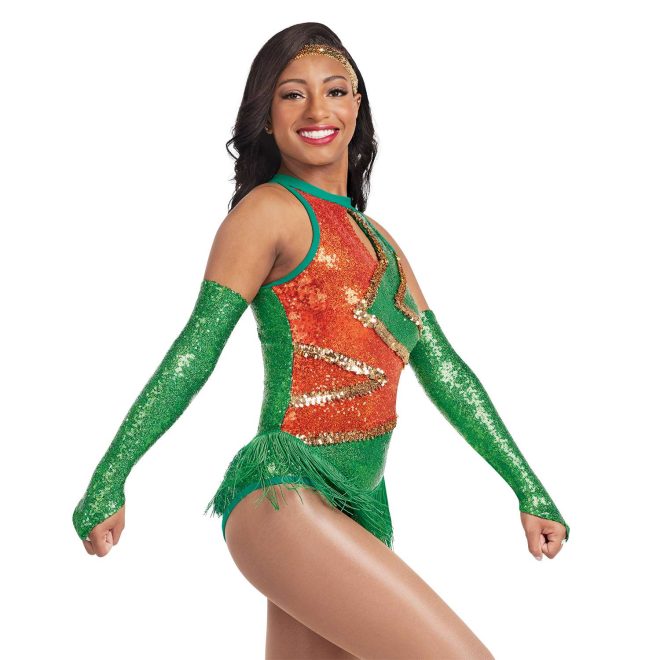 custom green, orange, and gold sparkly sleeveless majorette bodysuit with keyhole bodice and green fringe front view on model also wearing green sparkly gauntlets and gold headband