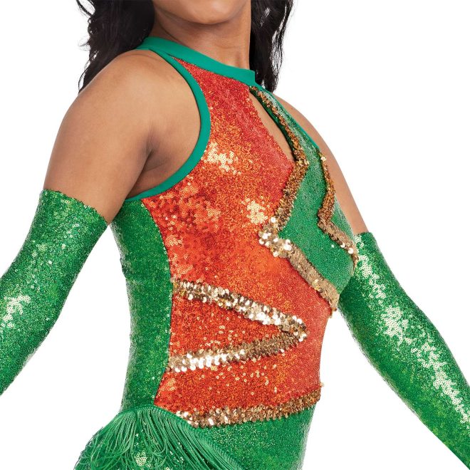 custom green, orange, and gold sparkly sleeveless majorette bodysuit with keyhole bodice and green fringe front view on model also wearing green sparkly gauntlets