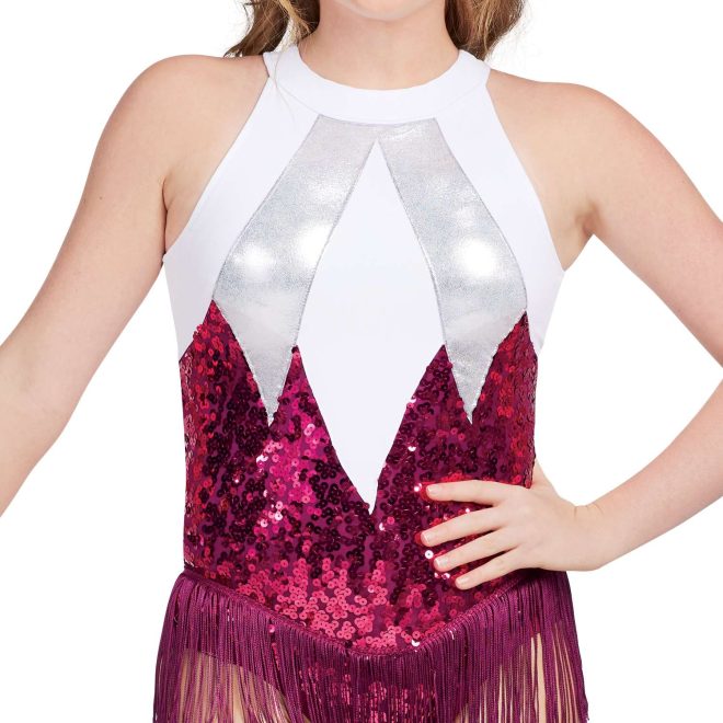 custom maroon dazzle sequin and white and silver a-line sleeveless bodysuit with fringe majorette uniform front view on model