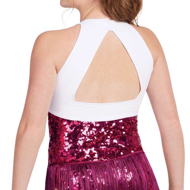 custom maroon dazzle sequin and white a-line sleeveless keyhole back bodysuit with fringe majorette uniform back view on model