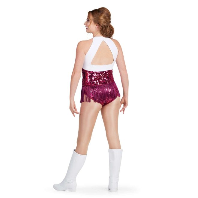 custom maroon dazzle sequin and white a-line sleeveless keyhole back bodysuit with fringe majorette uniform back view on model wearing white boots