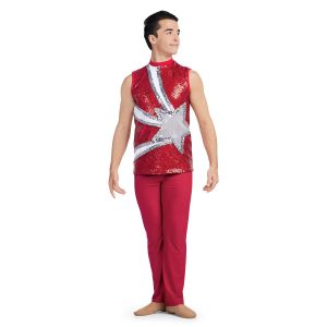 custom red sparkly with white and sparkly silver star sleeveless tunic with red pants majorette uniform front view on model