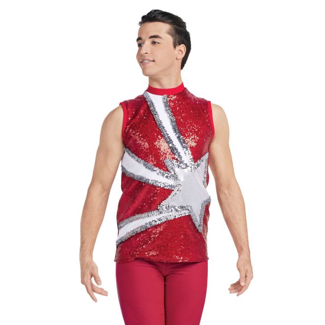 custom red sparkly with white and sparkly silver star sleeveless tunic with red pants majorette uniform front view on model