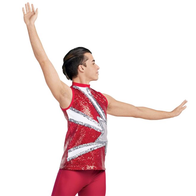 custom red sparkly with white and sparkly silver star sleeveless tunic with red pants majorette uniform front view on model