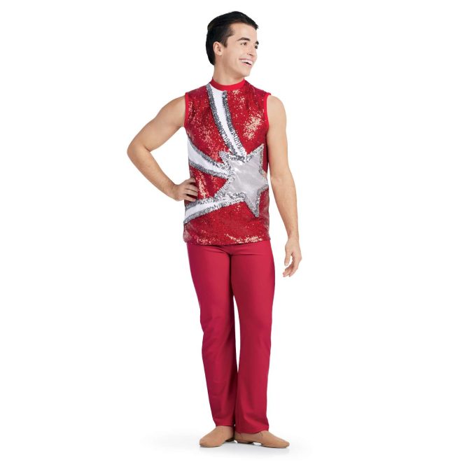 custom red sparkly with white and sparkly silver star sleeveless tunic with red pants majorette uniform front view on model