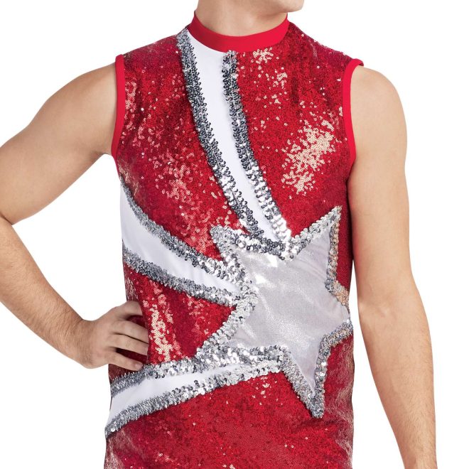 custom red sparkly with white and sparkly silver star sleeveless tunic majorette uniform front view on model