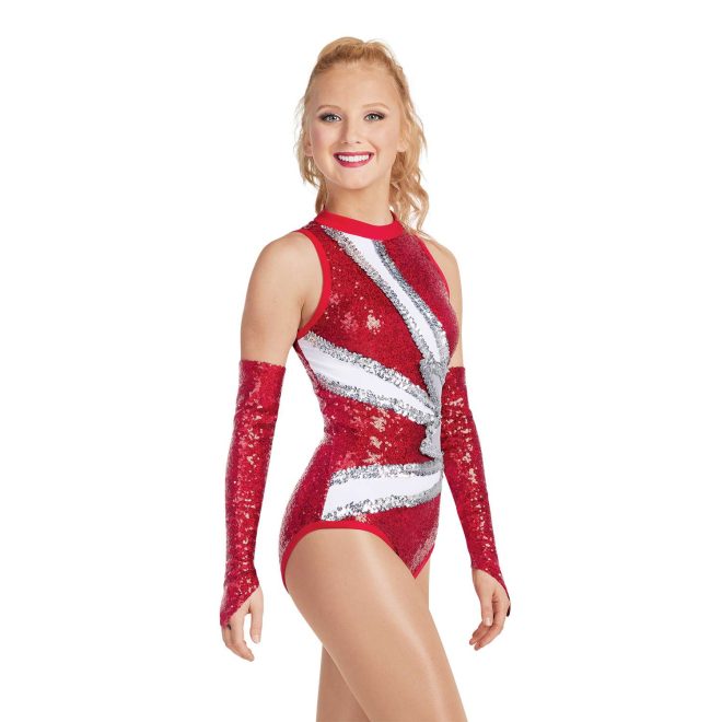 custom red sparkly with white and sparkly silver star majorette bodysuit uniform with red sparkly gauntlets front view on model