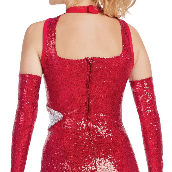 custom red sparkly keyhole back entry majorette bodysuit uniform with red sparkly gauntlets back view on model