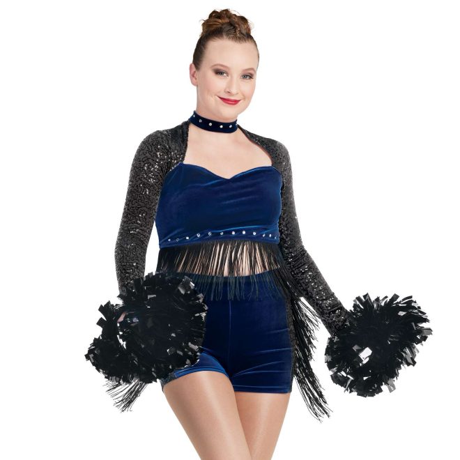 custom black sequin long sleeve with royal body open sweetheart bodice crop top with matching royal shorts with black side stripes and fringe majorette uniform front view on model holding black poms