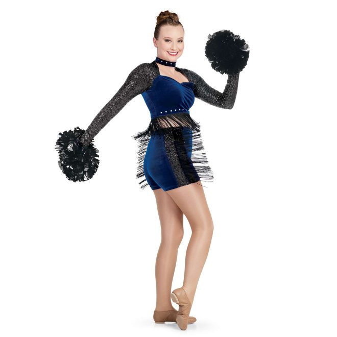 custom black sequin long sleeve with royal body open sweetheart bodice crop top with matching royal shorts with black side stripes and fringe majorette uniform front view on model holding black poms