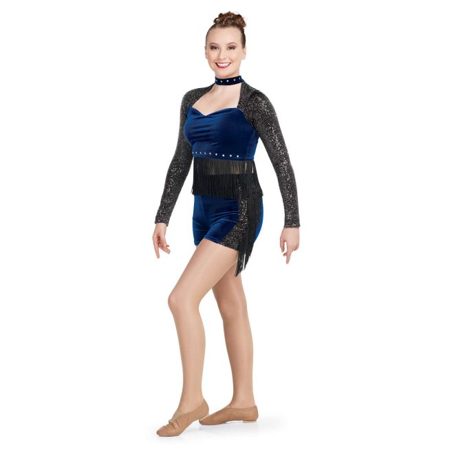 custom black sequin long sleeve with royal body open sweetheart bodice crop top with matching royal shorts with black side stripes and fringe majorette uniform front view on model
