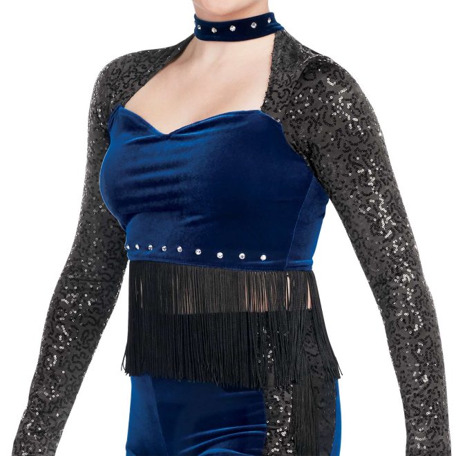 custom black sequin long sleeve with royal body open sweetheart bodice crop top with matching royal shorts with black side stripes and fringe majorette uniform front view on model