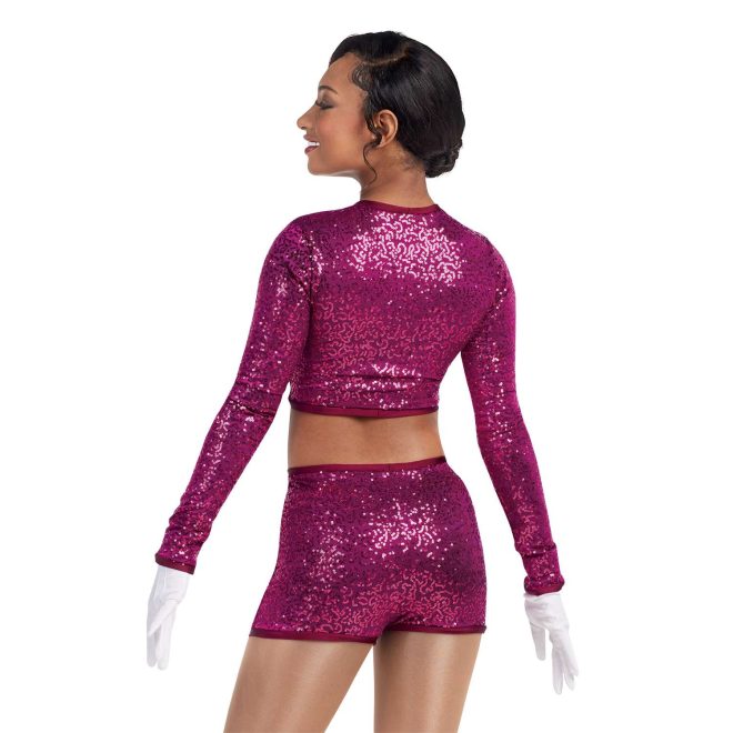 custom maroon micro sequin long sleeve crop top with matching maroon micro sequin shorts majorette uniform back view on model wearing white gloves