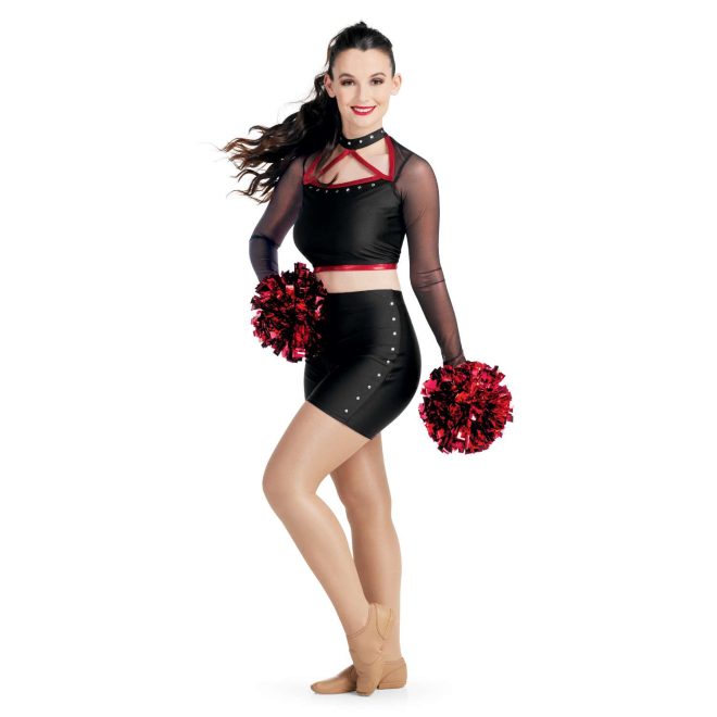 custom black and red, mesh Long Sleeve Open Bodice Crop Top with a Mock Neck Collar and Rhinestones with matching spandex shorts majorette uniform front view on model holding red poms