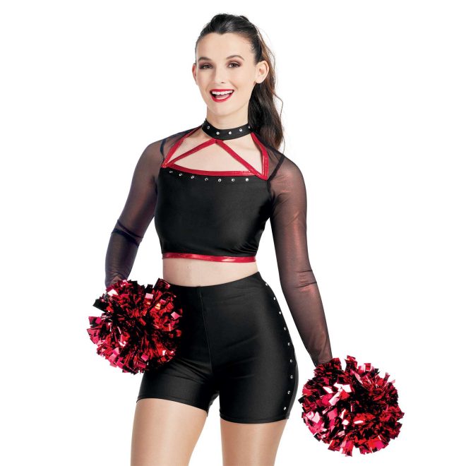 custom black and red, mesh Long Sleeve Open Bodice Crop Top with a Mock Neck Collar and Rhinestones with matching spandex shorts majorette uniform front view on model holding red poms