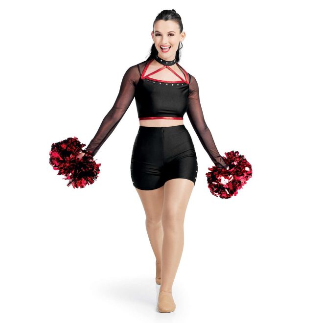 custom black and red, mesh Long Sleeve Open Bodice Crop Top with a Mock Neck Collar and Rhinestones with matching spandex shorts majorette uniform front view on model holding red poms