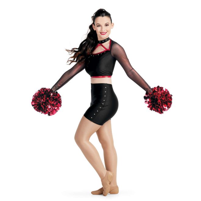 custom black and red, mesh Long Sleeve Open Bodice Crop Top with a Mock Neck Collar and Rhinestones with matching spandex shorts majorette uniform front view on model holding red poms