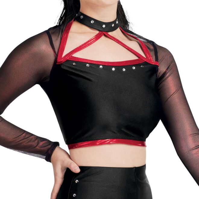 custom black and red, mesh Long Sleeve Open Bodice Crop Top with a Mock Neck Collar and Rhinestones with matching spandex shorts majorette uniform front view on model