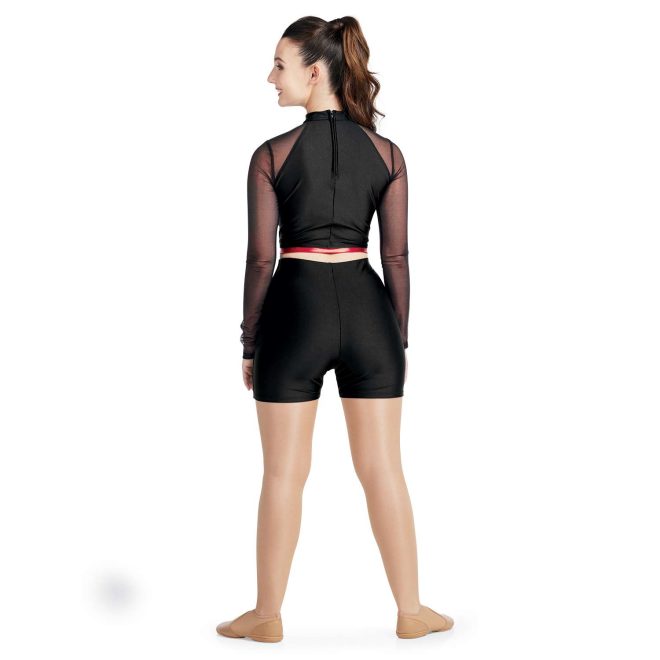 custom mesh long sleeve black and red crop top with matching spandex shorts majorette uniform back view on model