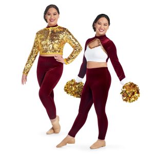 models with and without custom gold sequin zip up jacket over custom maroon long sleeve with white chest and cuffs and keyhole bodice with gold sequin trim crop top with matching maroon pants majorette uniform front view