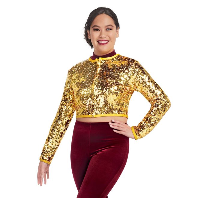 custom gold sequin zip up jacket over custom maroon long sleeve with white chest and cuffs and keyhole bodice with gold sequin trim crop top with matching maroon pants majorette uniform front view on model