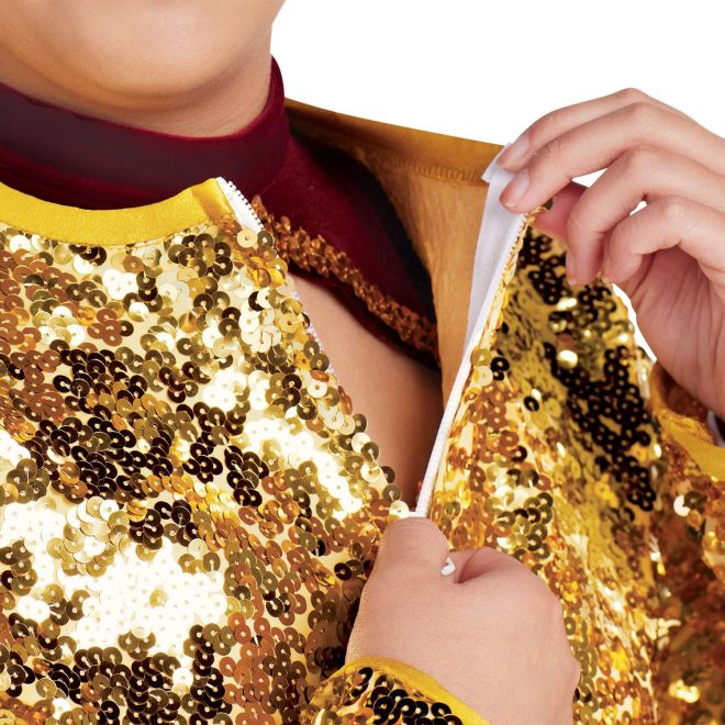 custom gold sequin zip up jacket over custom maroon long sleeve with white chest and cuffs and keyhole bodice with gold sequin trim crop top majorette uniform front view on model