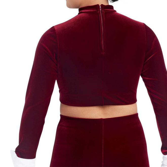 custom long sleeve maroon with white cuffs crop top with matching maroon pants majorette uniform back view on model