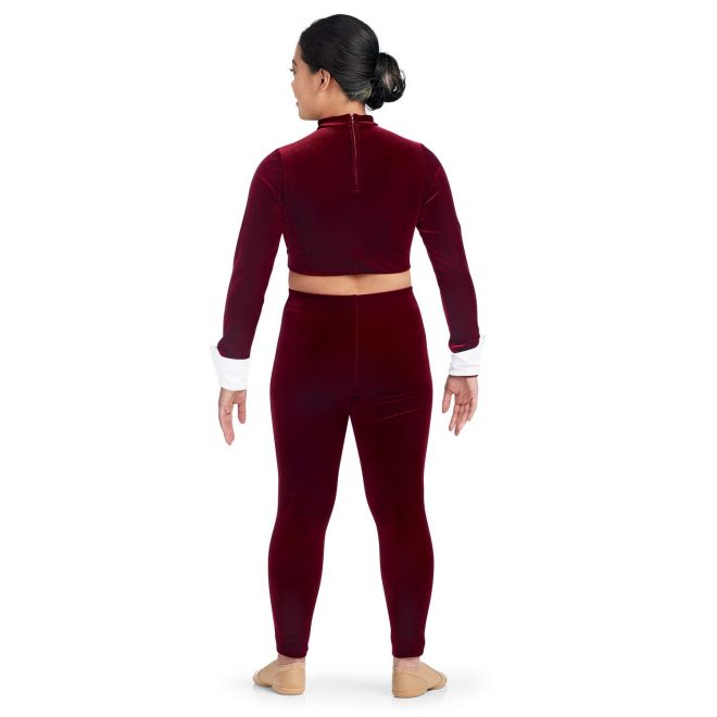 custom long sleeve maroon with white cuffs crop top with matching maroon pants majorette uniform back view on model
