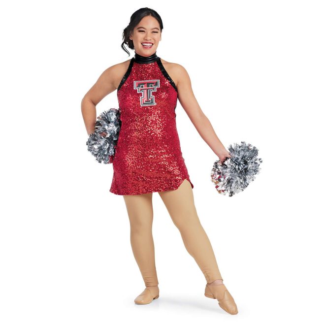 custom red sparkly halter top dress color guard uniform front view on model holding silver poms