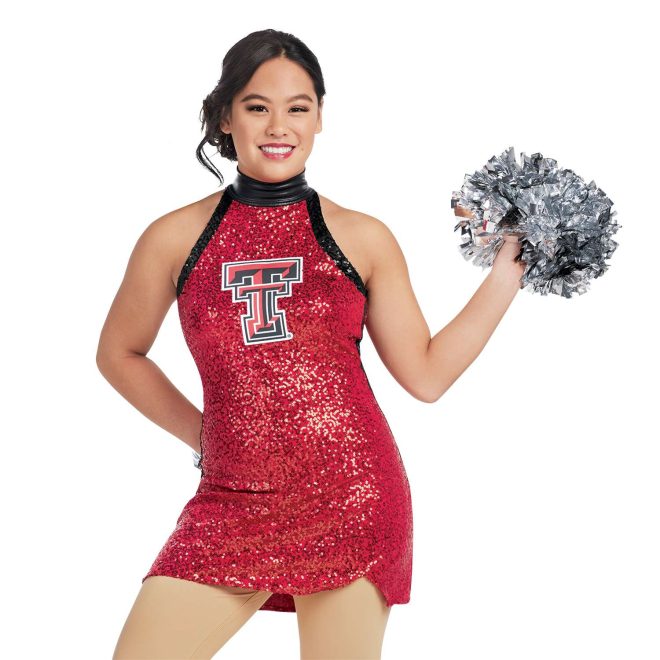 custom red sparkly halter top dress color guard uniform front view on model holding silver pom