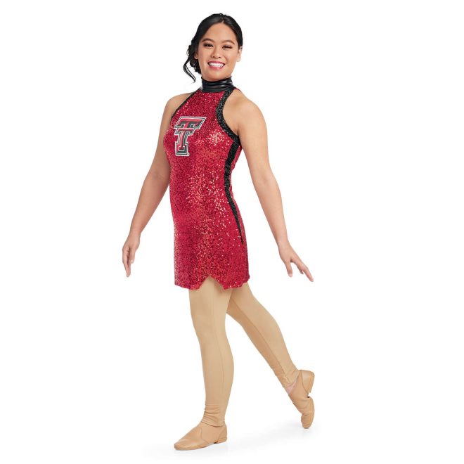 custom red sparkly halter top dress color guard uniform front view on model