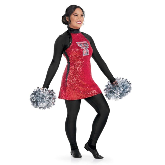 custom red sparkly halter top dress color guard uniform front view on model with black long sleeve and black leggings under and silver poms