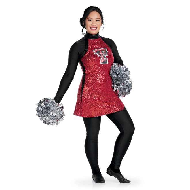 custom red sparkly halter top dress color guard uniform front view on model with black long sleeve and black leggings under and silver poms