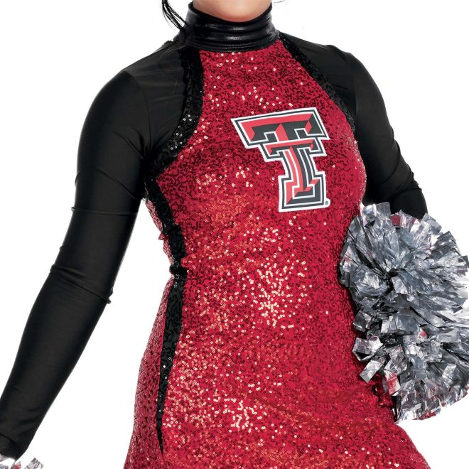 custom red sparkly halter top dress color guard uniform front view on model with black long sleeve under and silver poms